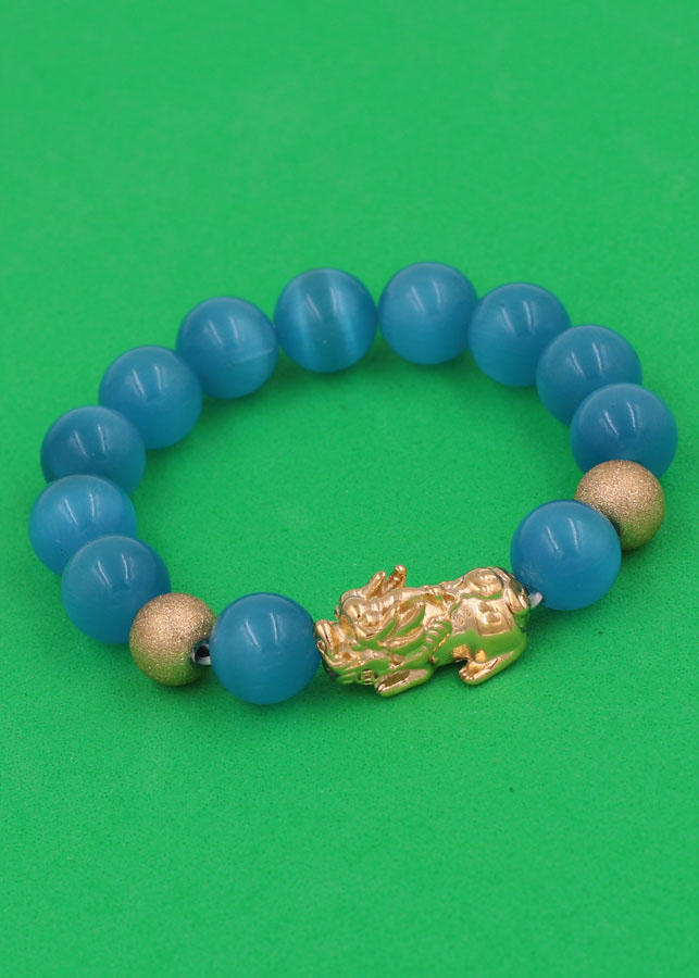 Vòng đeo tay Đá Mắt Mèo Xanh Biển 12 ly - cẩn Tỳ Hưu Phong Thủy inox vàng VMEXBTHHBV12 - hợp mệnh Thủy, mệnh Mộc