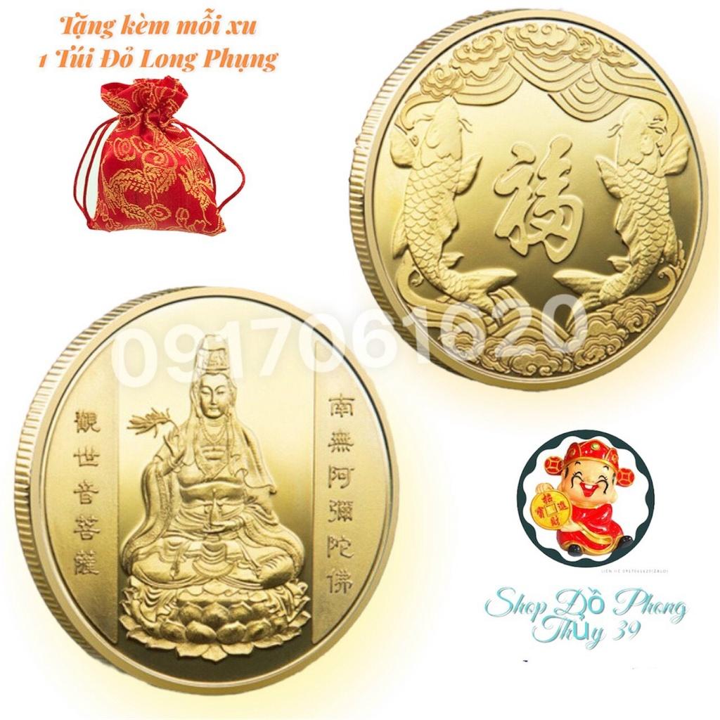 Đồng Xu Quan Âm-Cá Chép Mạ Vàng Tặng Kèm Túi Gấm Tài Lộc May Mắn