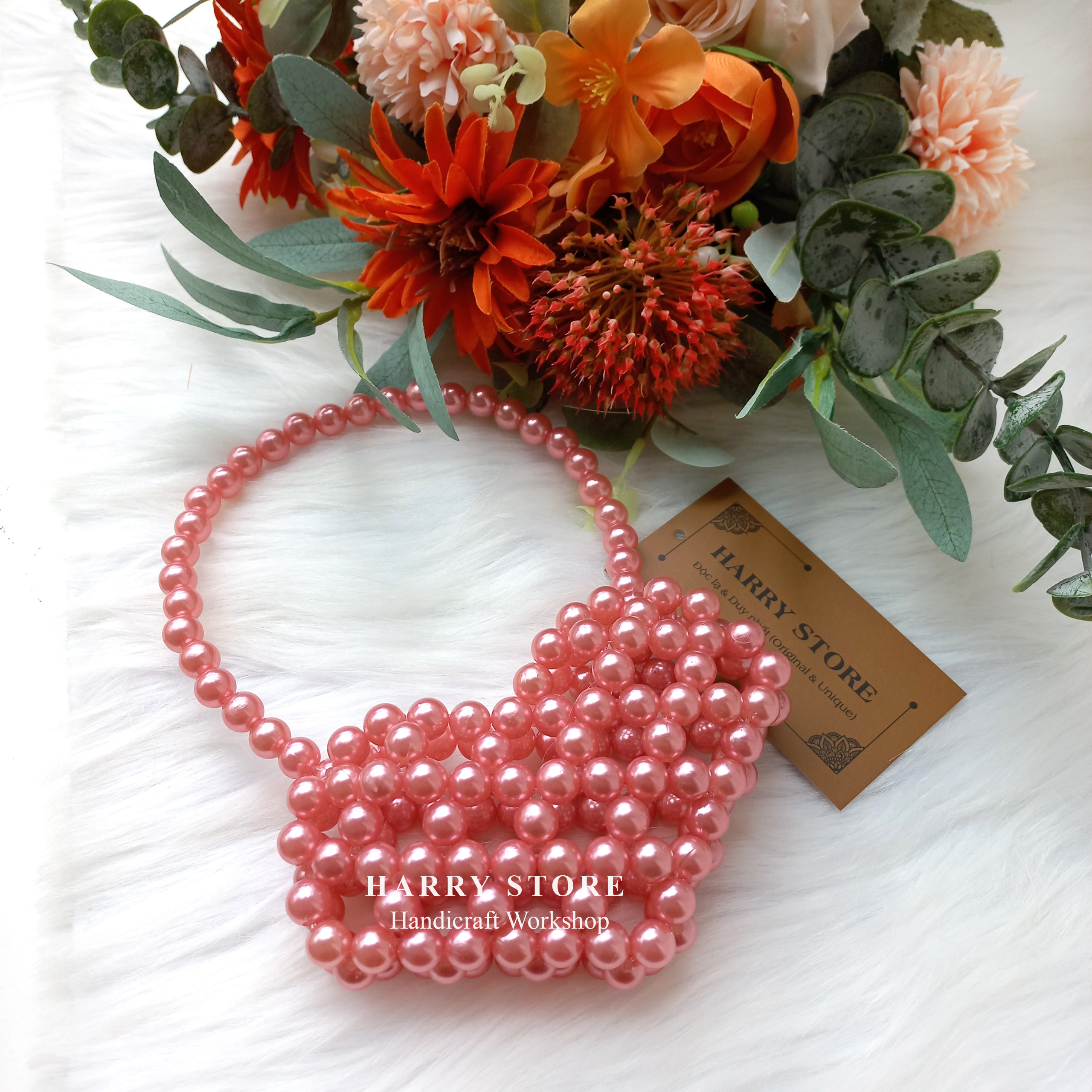 Túi cườm handmade kết ngọc trai hình trái tim đáng yêu HRRE-HN