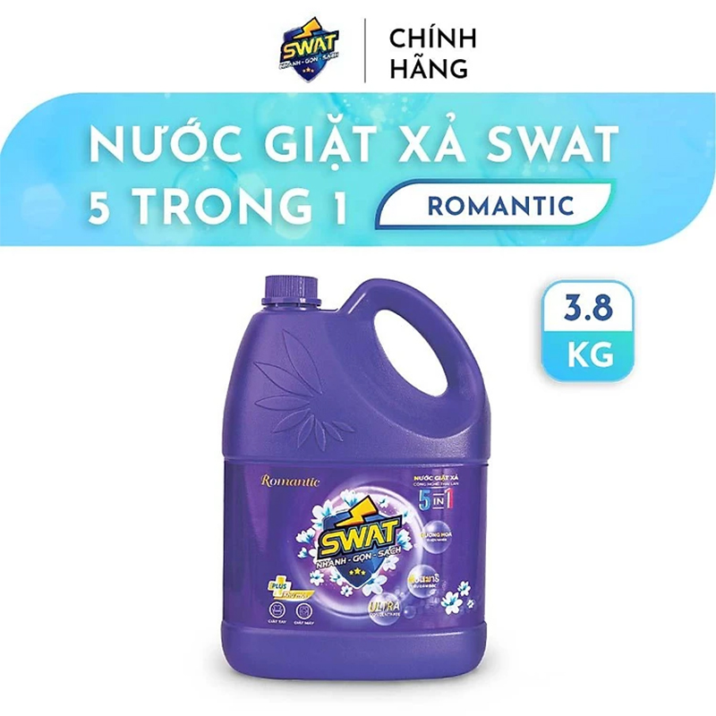 Nước Giặt Xả 5 in 1 SWAT Hương Romantic Siêu Thơm Can 3.8kg - Siêu tiết kiệm giúp diệt khuẩn, công nghệ lưu hương kép