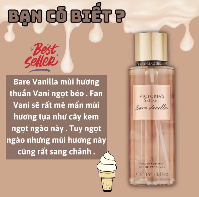 Victoria Secret Bare Vanilla Chính Hãng - Body Mist Victoria Secret Bare Vanilla 250ml &amp; Lotion Victoria Secret Bare Vanilla Chính Hãng 236ml