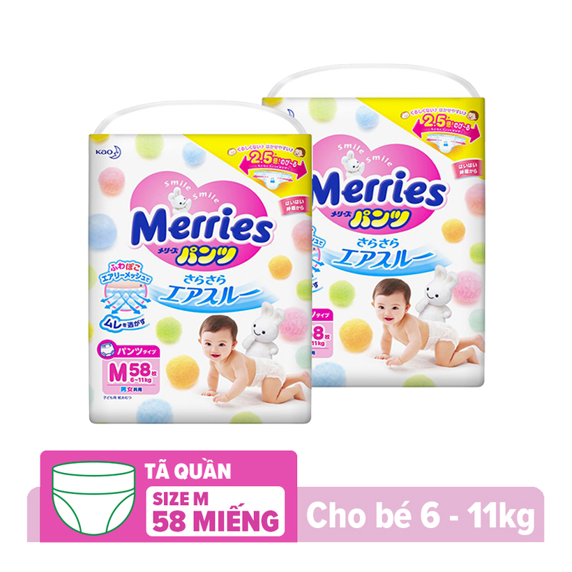 Combo 2 Tã/bỉm quần Merries size M - 58 miếng (Cho bé 6 - 11kg)