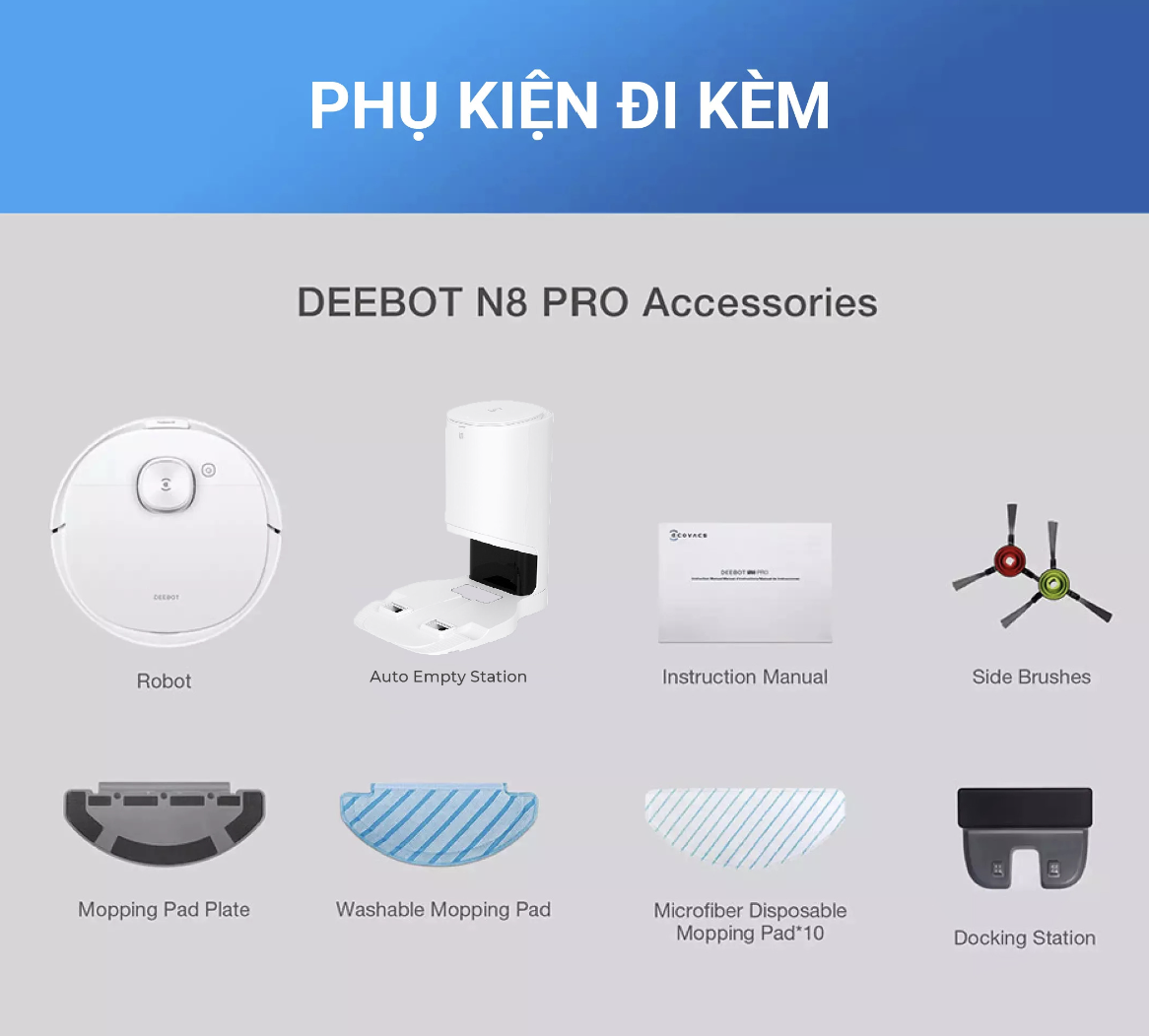 Robot Hút Bụi Lau Nhà Ecovacs N8 Pro Plus Kết Nối App Công nghệ OZMO 2.0 Lực Hút 2600 Pa Phù Hợp Diện Tích 200m2 Với Công Suất 40W - Hàng Chính Hãng