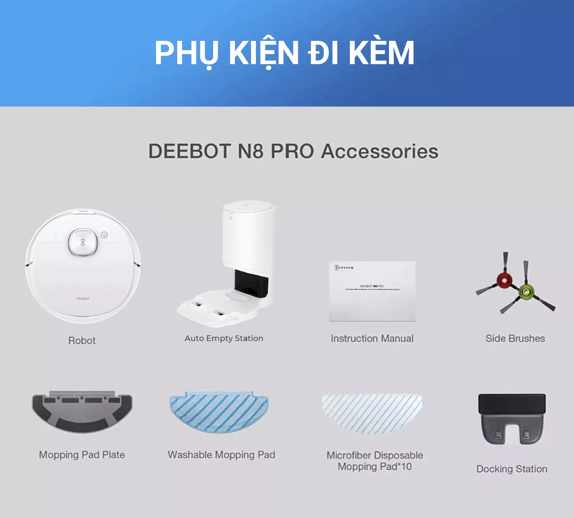 Robot Hút Bụi Lau Nhà ECOVACS DEEBOT N8 PRO PLUS Kết Nối App Công nghệ OZMO 2.0 Lực Hút 2600 Pa Phù Hợp Diện Tích 200m2 Với Công Suất 40W - Hàng Chính Hãng