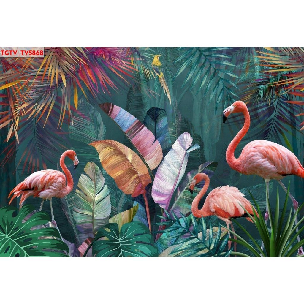 (ẢNH THẬT) Tranh dán tường 3d khu rừng lá nhiệt đới tropical và chim hồng hạc có sẵn keo, dễ dán