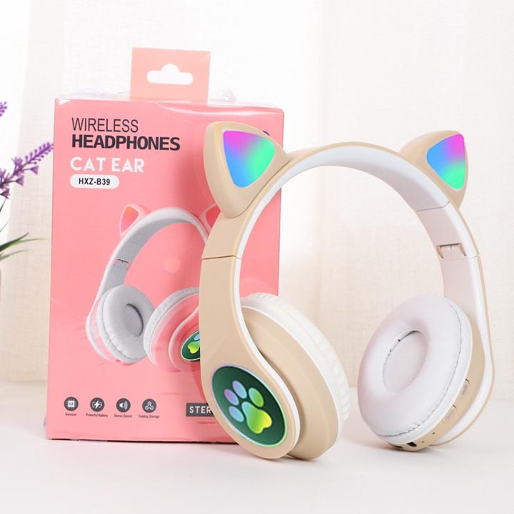 Tai nghe chụp tai headphone bluetooth Hewolf tai nghe mèo không dây hàng chính hãng có đèn LED nghe nhạc chơi game đàm thoại dùng được cho điện thoại, laptop, máy tính