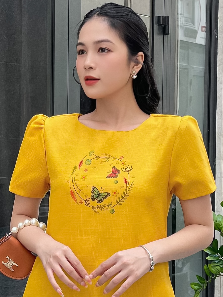 [HCM]  Đầm suôn chữ A phối họa tiết in giả thêu thanh lịch DA120 - KHÁNH LINH STYLE