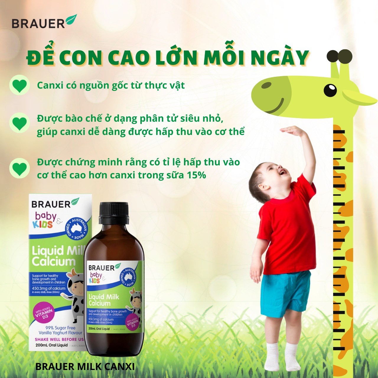 Calcium (canxi) hữu cơ, vitamin D3 cho trẻ sơ sinh, trẻ nhỏ Brauer Úc hỗ trợ phát triển chiều cao, cơ bắp, ngủ ngon, tăng hệ miễn dịch-OZ Slim Store