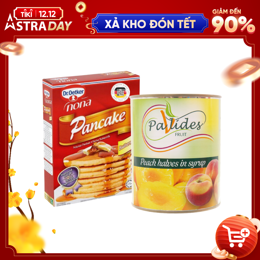 COMBO 1 Hộp Bột Làm Bánh Rán (Pancake) Buttermilk Pha Sẵn Dr. Oetker 400g + 1 Lon Đào Ngâm Đường Pavlides 820g