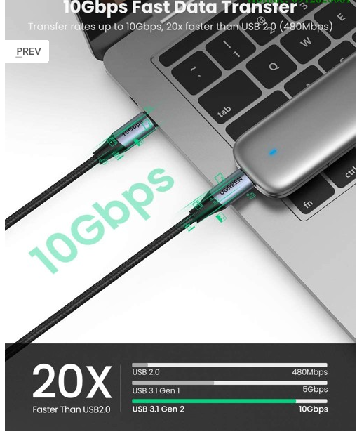 Ccáp USB type C 3.1 gen2 1M 100W 5A màu đen sạc siêu nhanh hỗ trợ PD chống nhiễu Ugreen 80150 US355 Hàng Chính Hãng