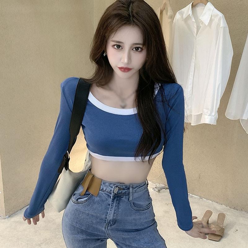 Áo Dệt Kim Tay Dài Cổ Chữ U Phối Màu Tương Phản Quyến Rũ Cho Nữ