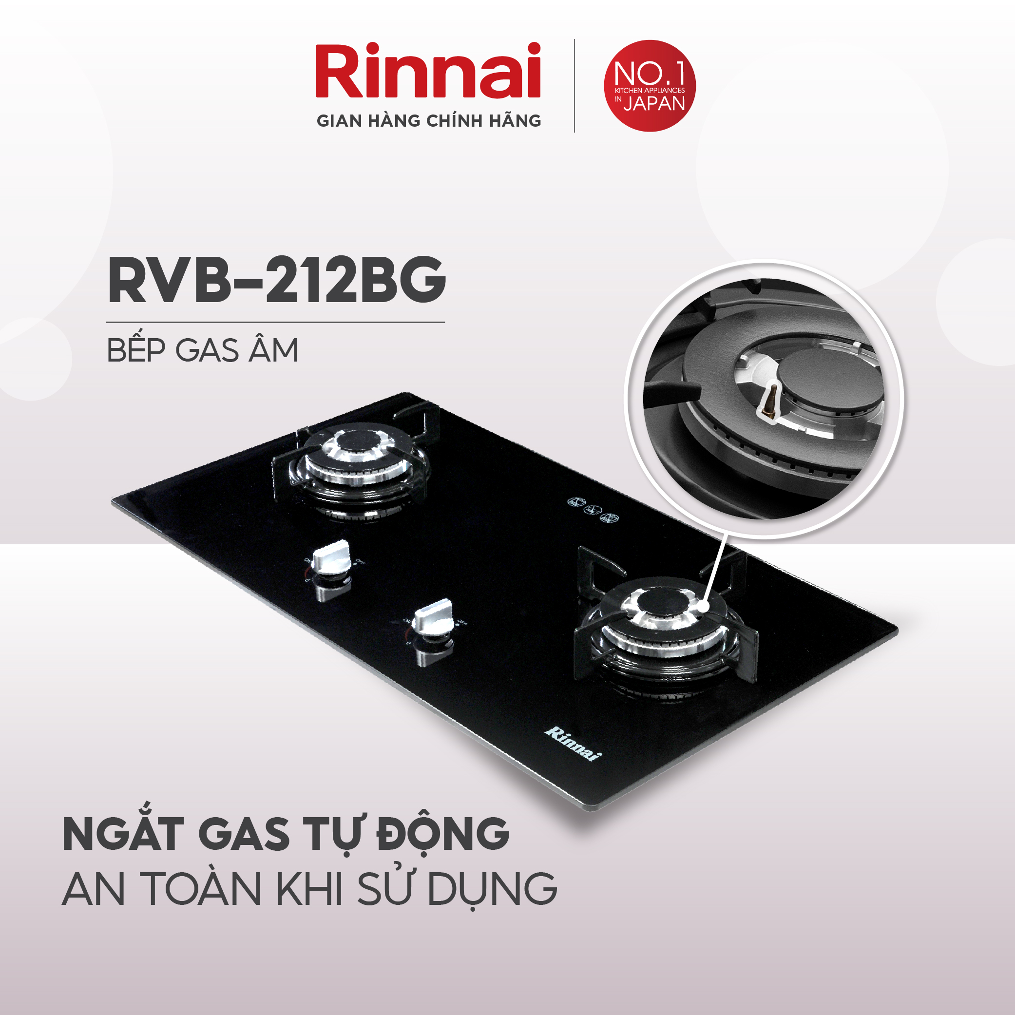 Bếp gas âm Rinnai Rinnai RVB-212BG mặt bếp kính và kiềng bếp men - Hàng chính hãng.