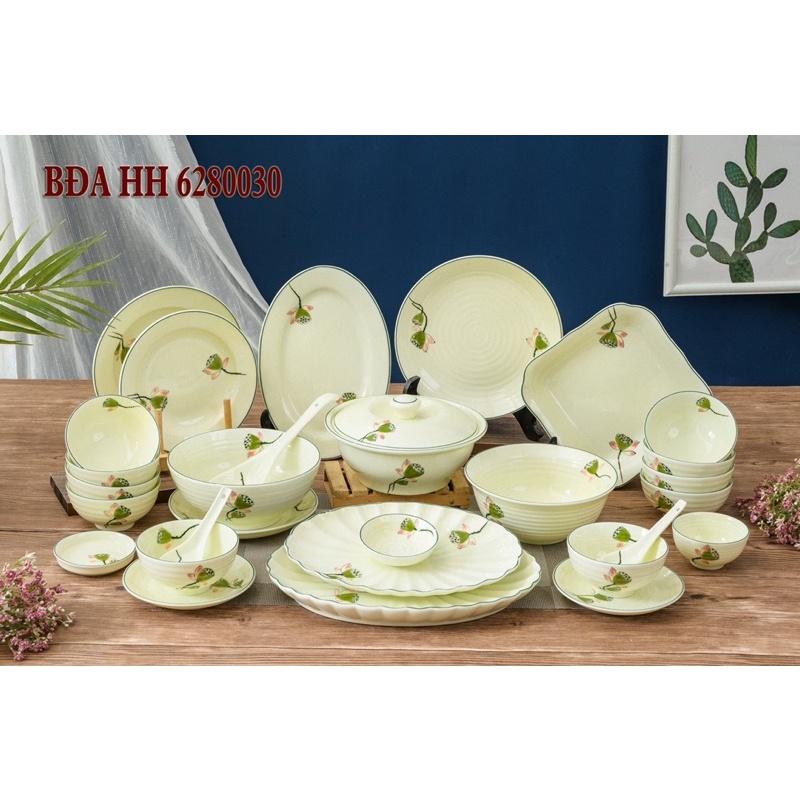 BỘ ĐỒ ĂN BÁT TRÀNG MEN KEM 22- 28 Món , HOẠ TIẾT VẼ ĐÀI SEN. GỐM SỨ BÁT TRÀNG.