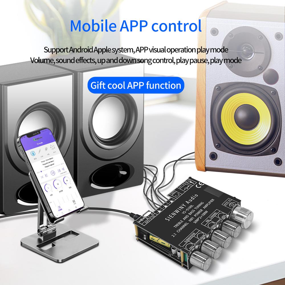 BT5.0 Intelligent 2.1 Channel Power Audio Stereo Subwoofer Amplifier Board 50W+50W+100W Treble Bass Note Tuning Mobilephone APP Contro