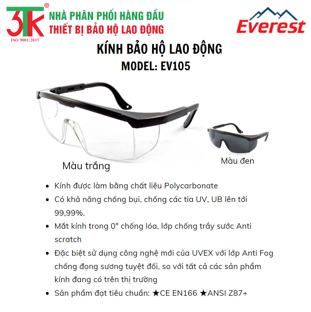 Kính Bảo hộ lao động Everest Safety EV105 Chống bụi, Chống đọng hơi nước, Chống trầy xước, Chống tia UV