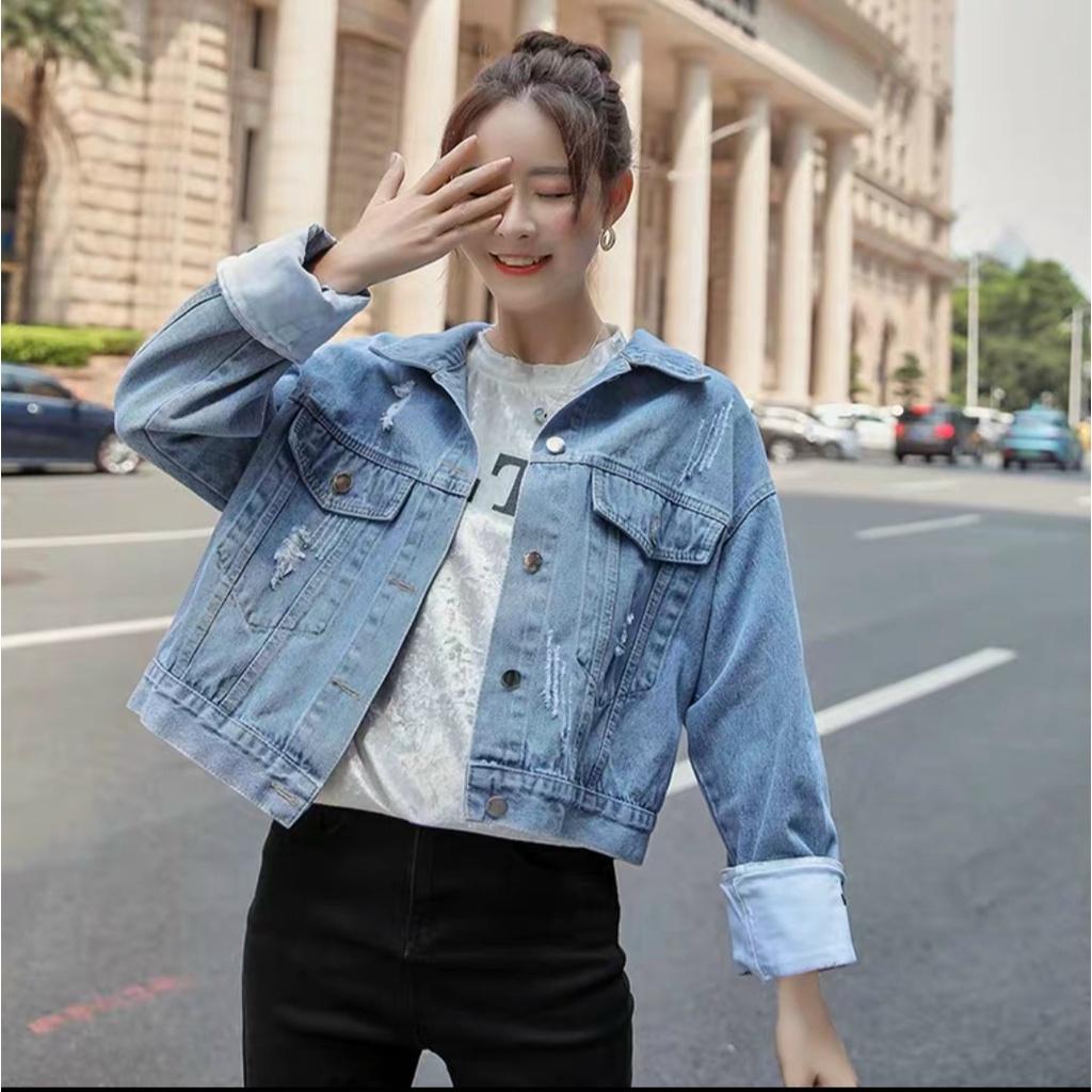 Áo khoác jean nữ lật tay form lững skjy - freesize dưới 58Kg