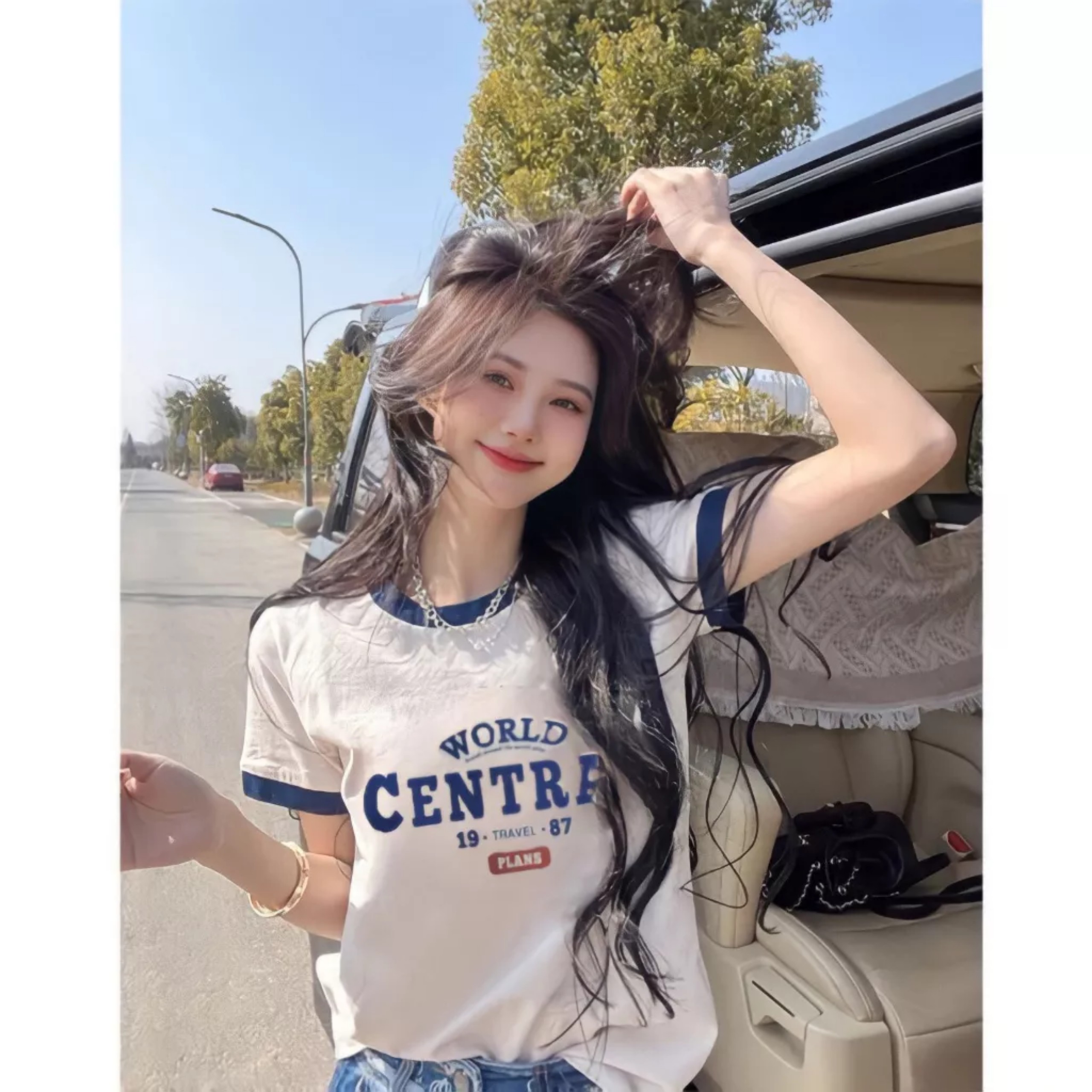 Áo Thun Nữ Baby Tee Cộc Tay Phối Viền In Chữ CENTRAL Màu Trắng Siêu Xinh