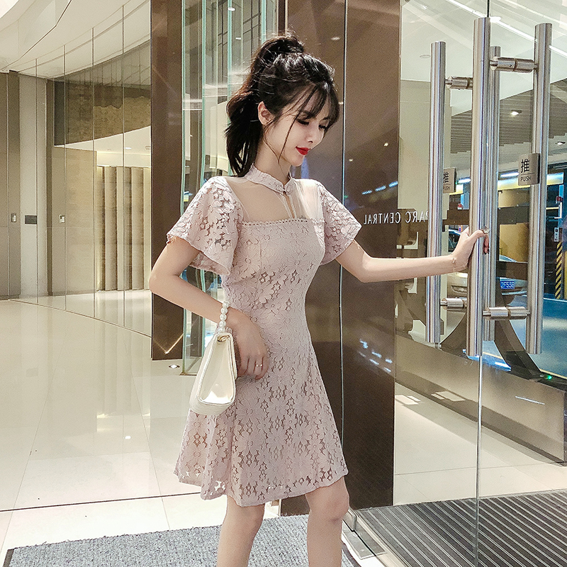 Hàng Quảng Châu - Đầm xòe ren hoa cổ tàu màu hồng siêu dễ thương - d66191