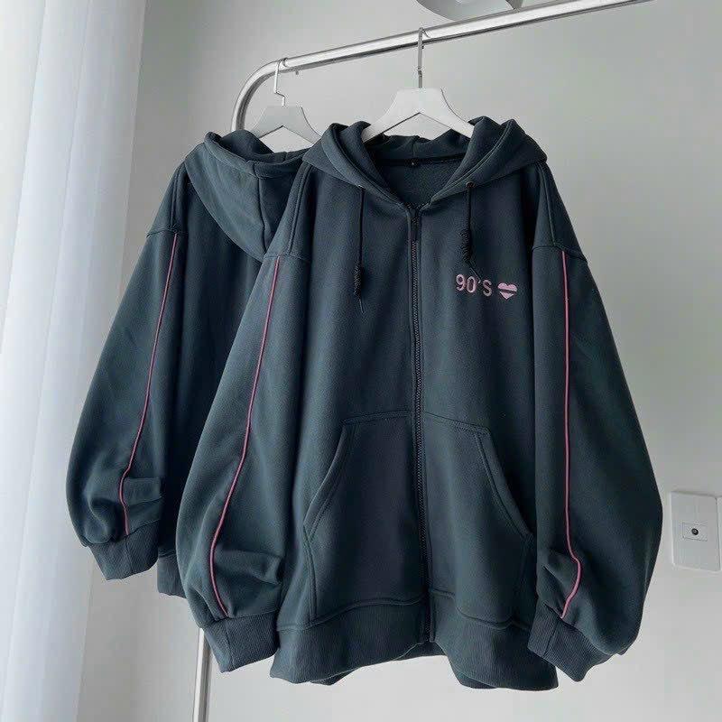 [FREESHIP] Áo Khoác Hoodie Phối Theo Dáng Form Rộng Trước Áo Có In Số 90'S Trái Tim HTM FASHION - Xanh Đen