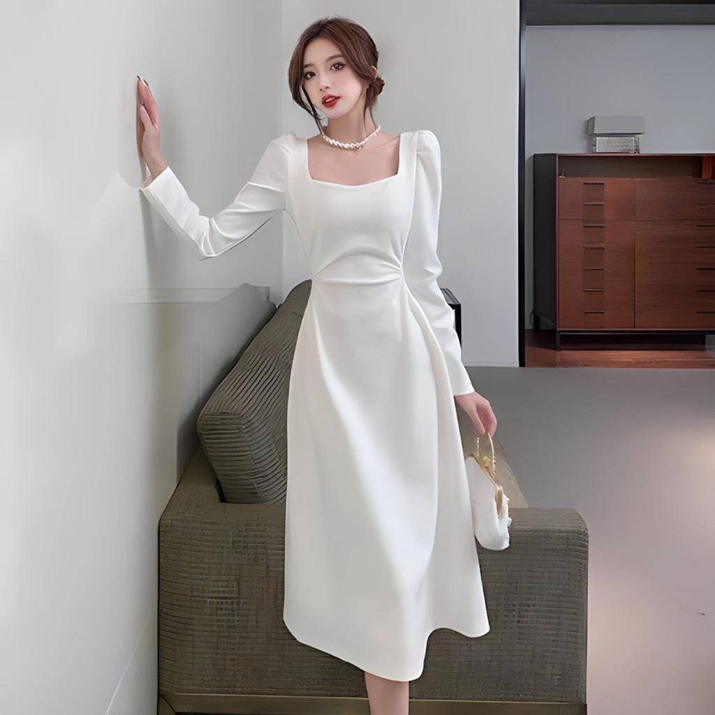 Đầm maxi cổ vuông tay dài xoắn eo
