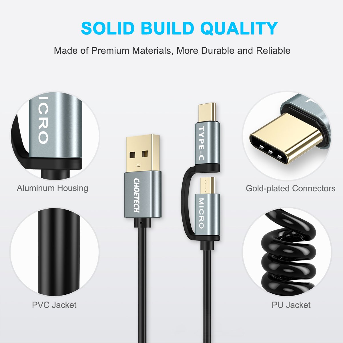 Bộ 2 Dây cáp sạc nhanh 2 in 1 Type-C và Micro USB dài 120CM hiệu CHOETECH MIX00021 (sạc nhanh 3A, sạc nhiều thiết bị, chip sạc thông minh, 1 dây lò xo &amp; 1 dây thẳng) - Hàng chính hãng