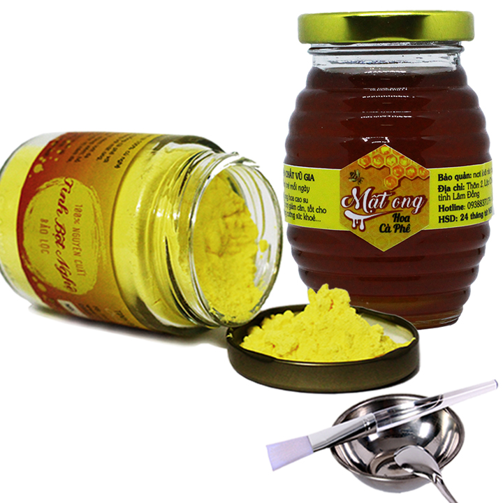 Combo Tinh Bột Nghệ + Mật Ong Hoa Cà Phê - Nguyên Chất Bảo Lộc Vũ Gia + Tặng Bộ Đắp Mặt Nạ Inox Cao Cấp