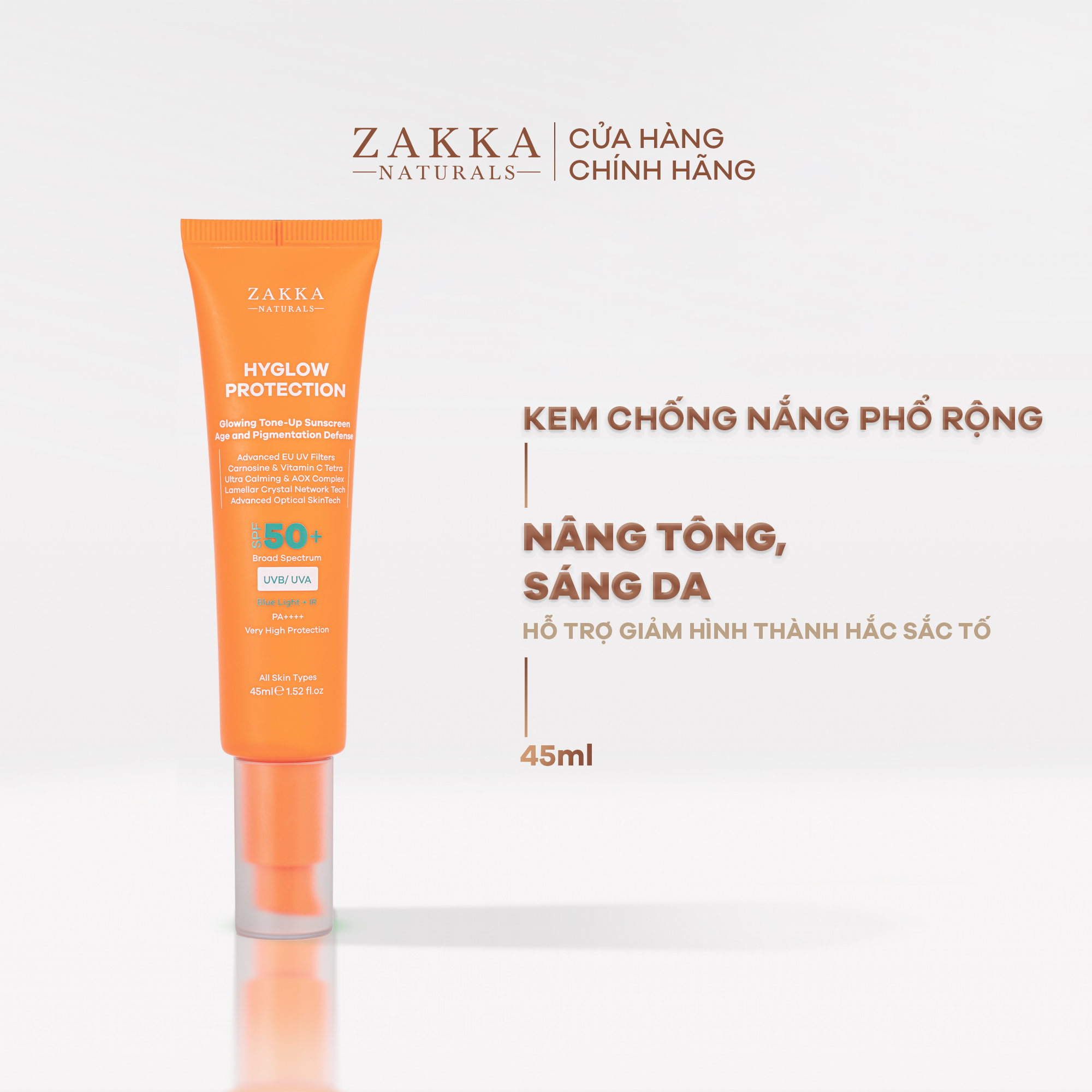 Kem chống nắng phổ rộng Hyglow Protection Zakka Naturals nâng tông sáng da 45ml