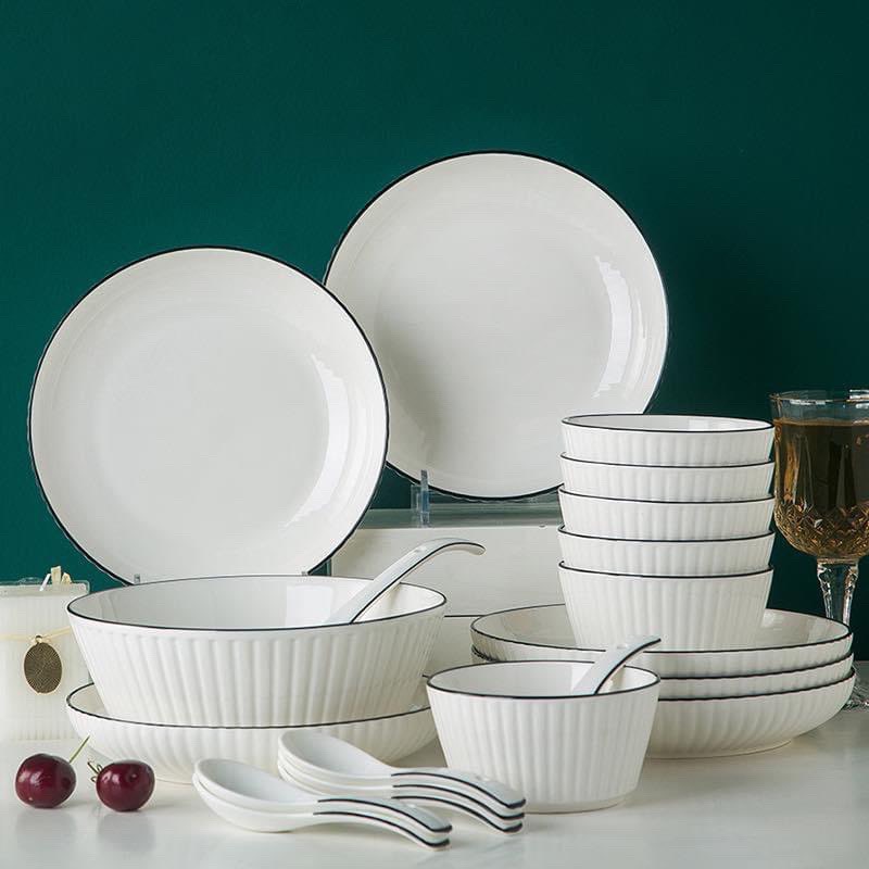 Set bát đĩa trắng vân sọc phong cách Bắc Âu