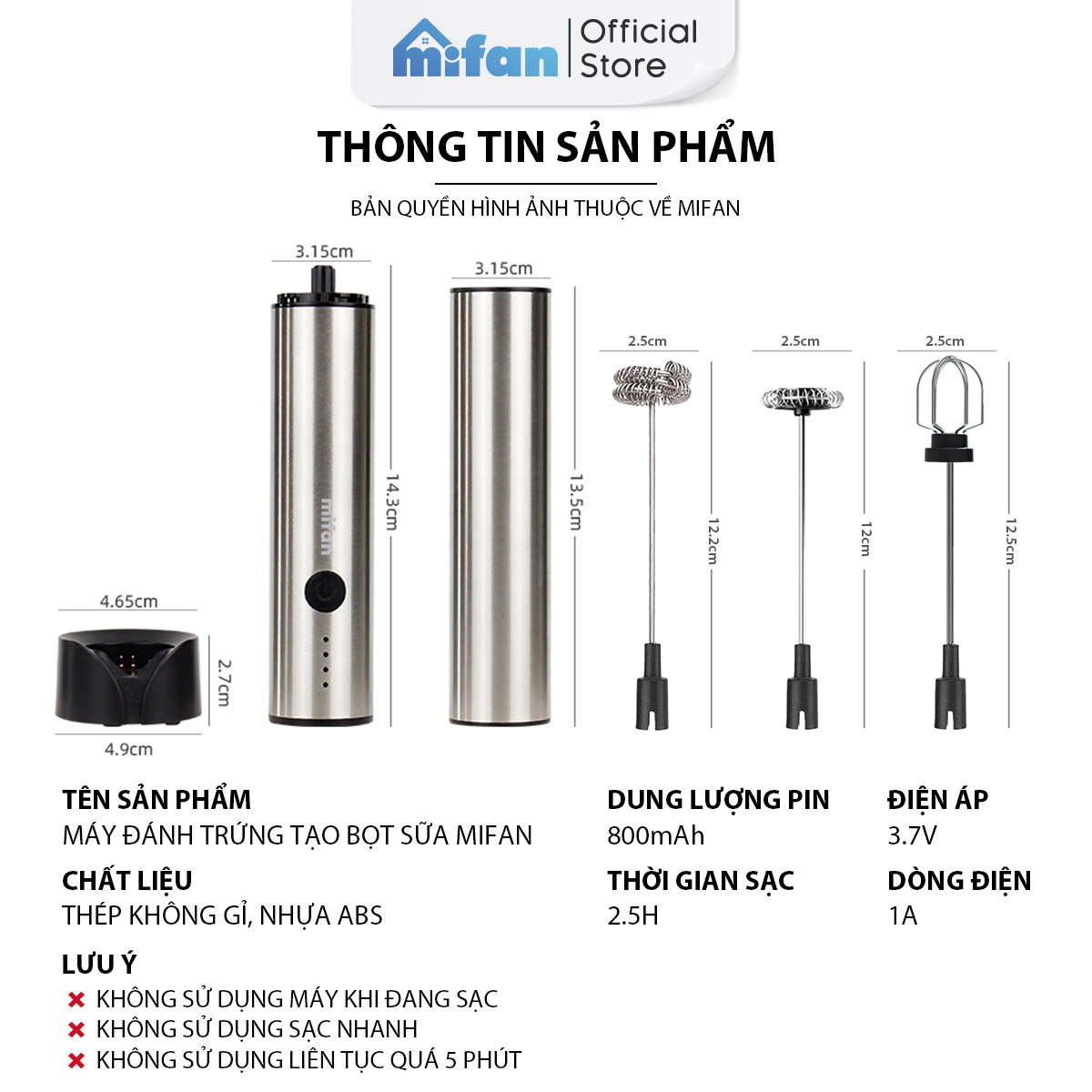 Máy Đánh Bọt Cà Phê Microfoam Mifan MF1501G - 3 Đầu Đa Năng, Thép không gỉ, Đế sạc USB tiện lợi - Hàng Chính Hãng