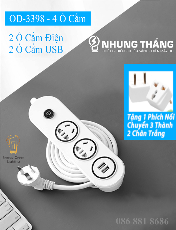 Ổ Cắm Điện Đa Năng An Toàn Chống Giật OD-3398 - Dây Dài 2.8m - Kèm Ổ Cắm Và Miếng Dán