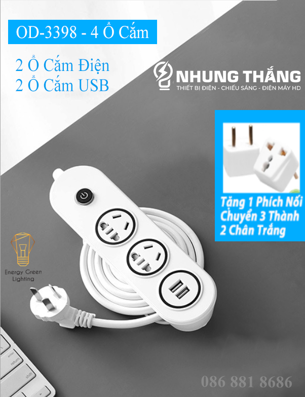 Ổ Cắm Điện Đa Năng An Toàn Chống Giật OD-3398 - Dây Dài 2.8m - Kèm Ổ Cắm Và Miếng Dán 