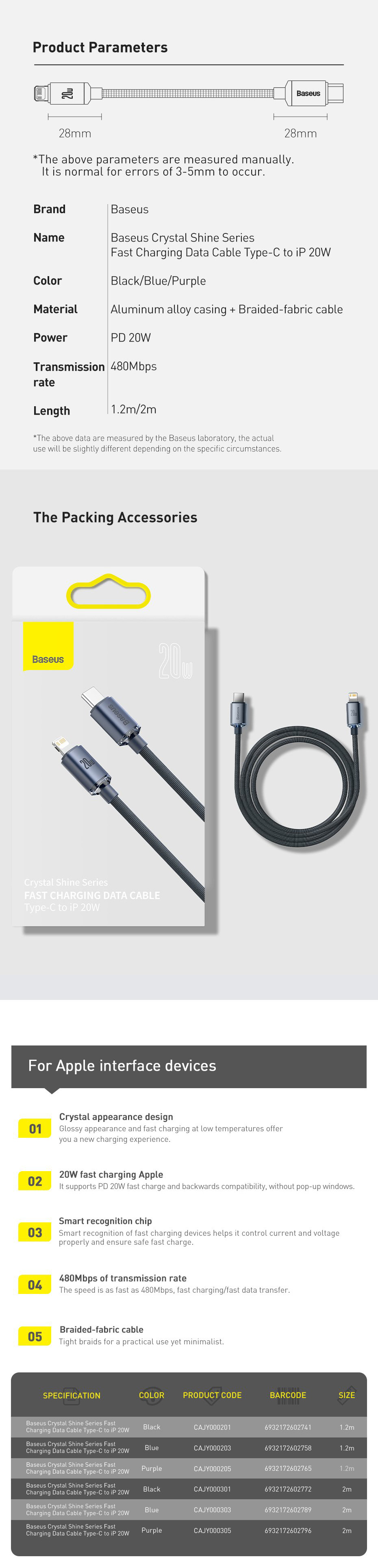 Cáp sạc nhanh và truyền dữ liệu Ba-se-us PD 20W, Ba-se-us Crystal Shine Series Fast Charging Data Cable C to iP 20W - Hàng chính hãng