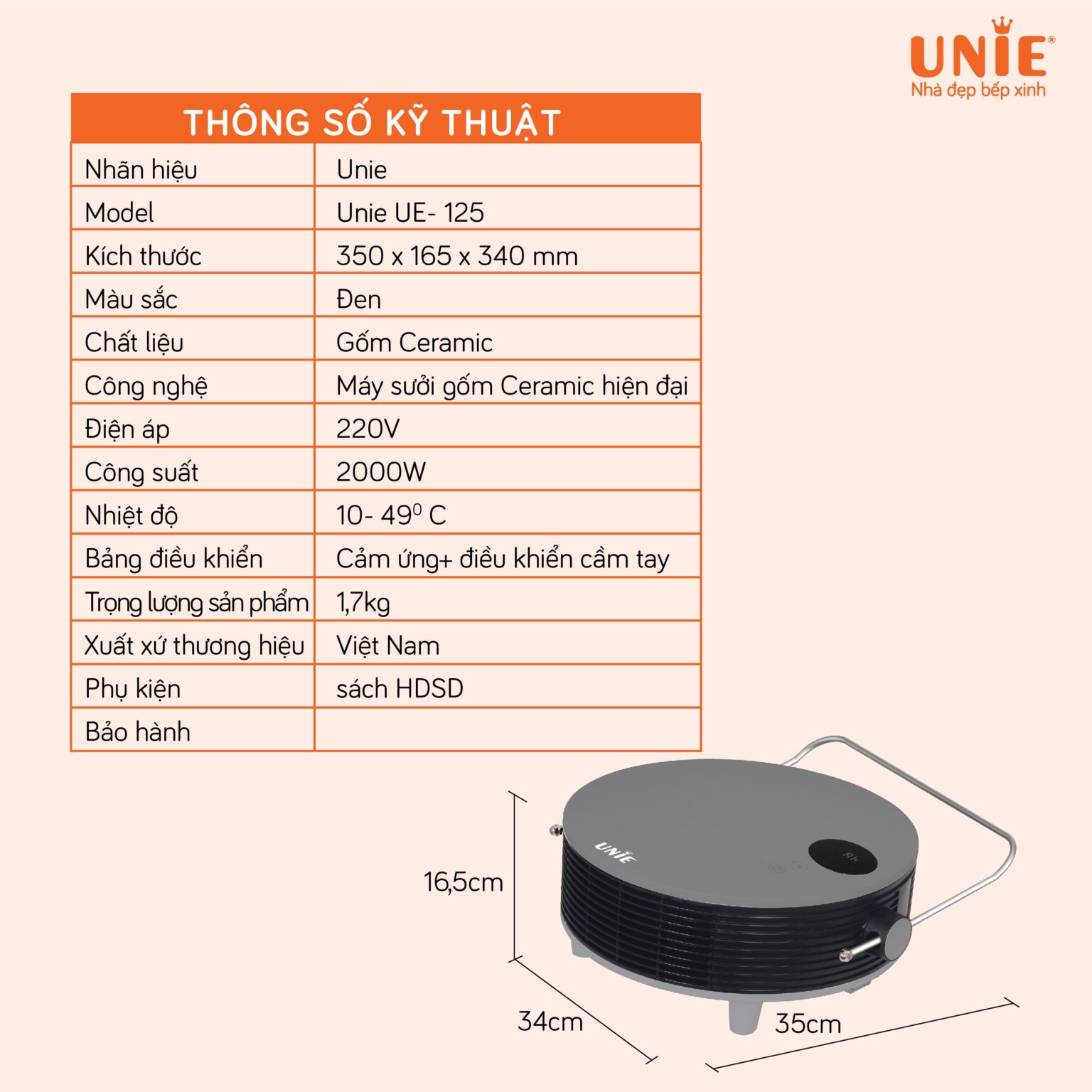 Máy Sưởi Gốm Nóng Lạnh Đa Năng Tiêu Chuẩn Đức 10 Độ Tới 49 Độ UNIE UE-125 Cảm Ứng Và Remote Công Suất 2000W- Hàng Chính Hãng