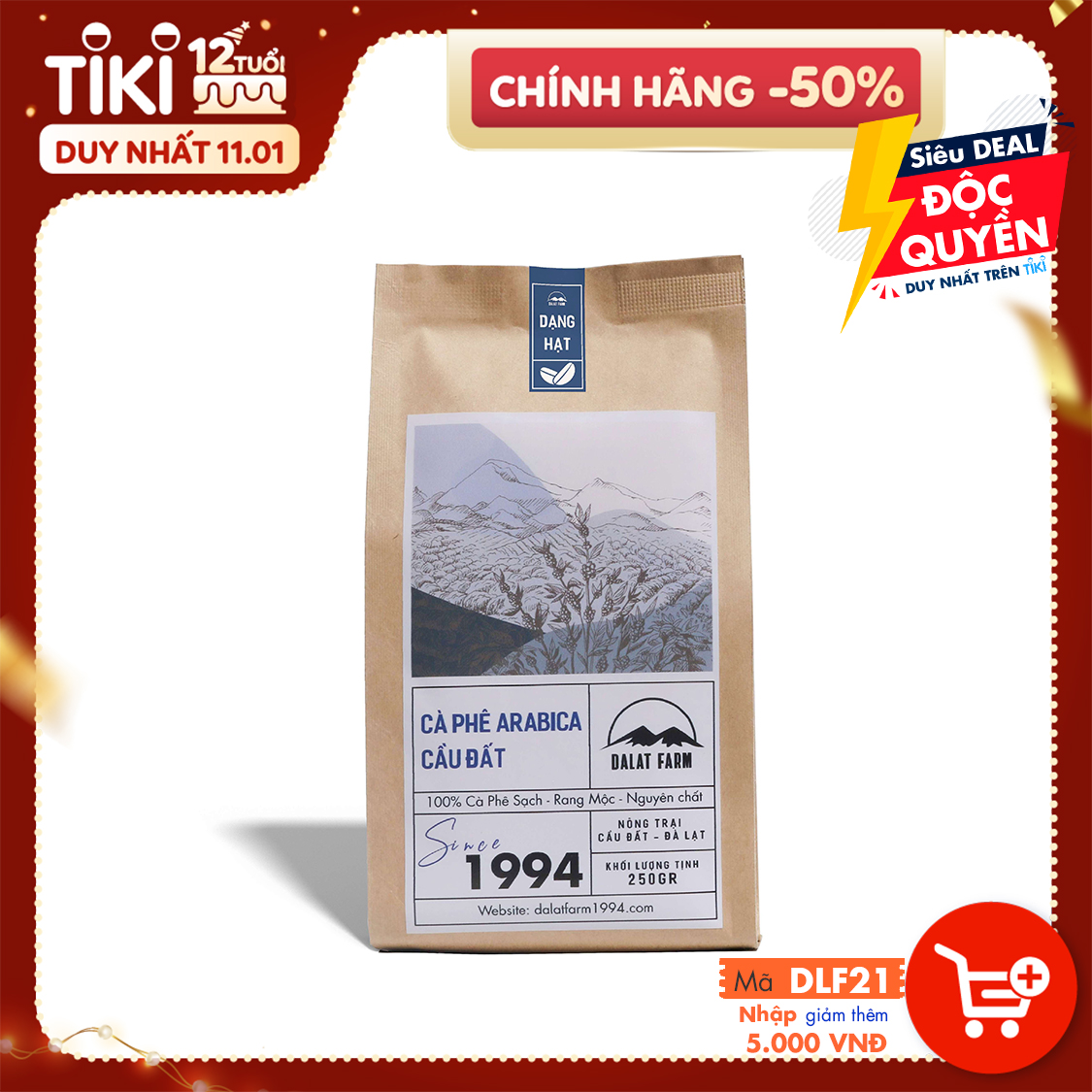 Cà phê hạt Arabica Cầu Đất rang xay mộc nguyên chất - Túi 250Gr (Dạng Hạt)