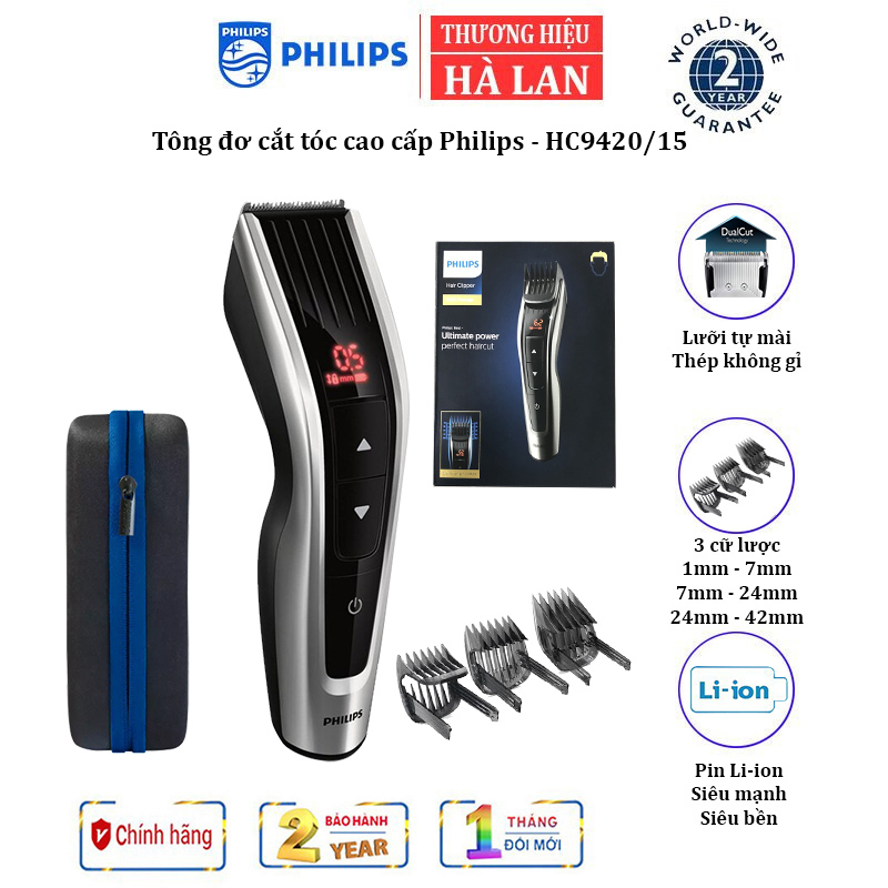 Tông đơ cắt tóc cao cấp Philips HC9420/15, lưỡi cắt thép không gỉ, dễ dàng điều chỉnh độ dài cắt - Hàng Chính Hãng