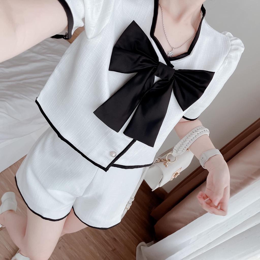 FREESHIP Set bộ đồ nữ áo croptop phối viền đính nơ đơn giản cute dành cho các tình yêu đi chơi, dạo phố KIM GIA DS