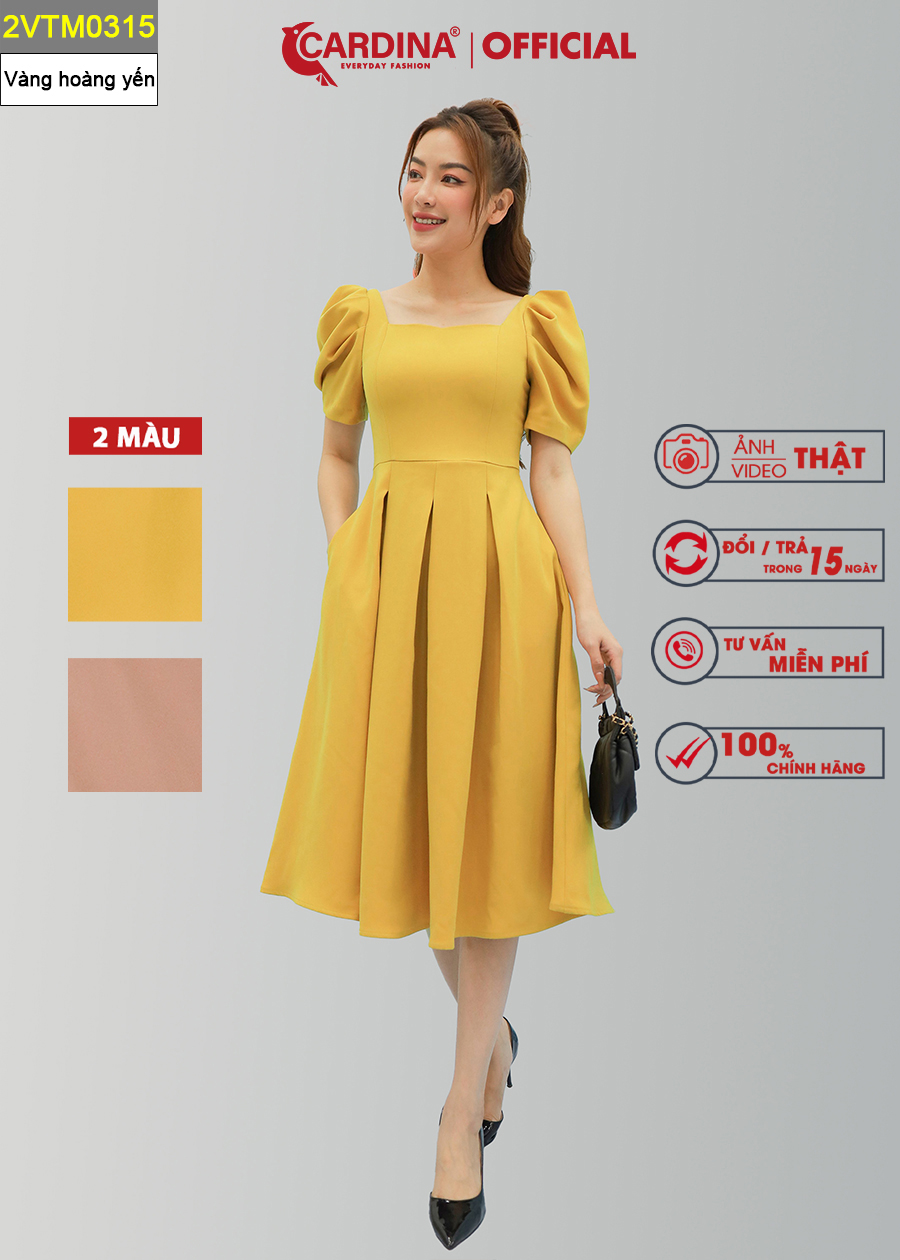 Đầm Nữ CARDINA Chất Tuyết Mưa Cao Cấp Xếp Ly Dáng Xòe Chữ A Cổ Vuông Tay Bồng Tôn Dáng Sang Trọng 2VTM03