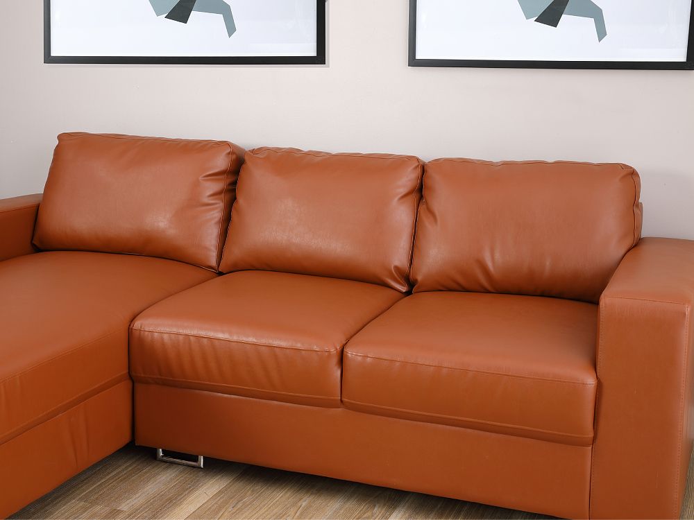 Ghế sofa giường góc chữ L phải POLLY khung gỗ chân thép, đệm bọc da PVC cao cấp màu nâu | Index Living Mall - Phân phối độc quyền tại Việt Nam