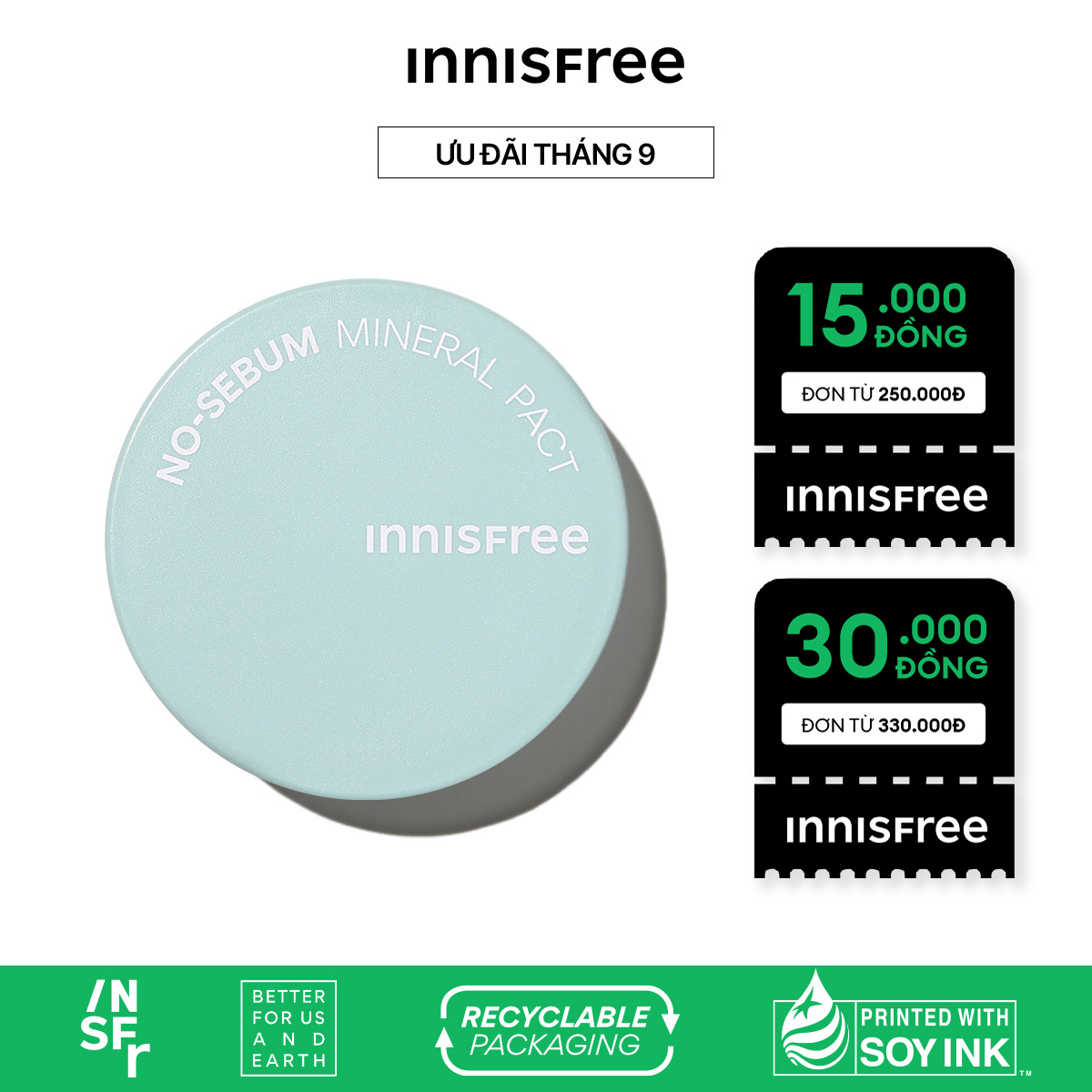 Phấn phủ kiềm dầu dạng nén innisfree No Sebum Mineral Pact 8.5g