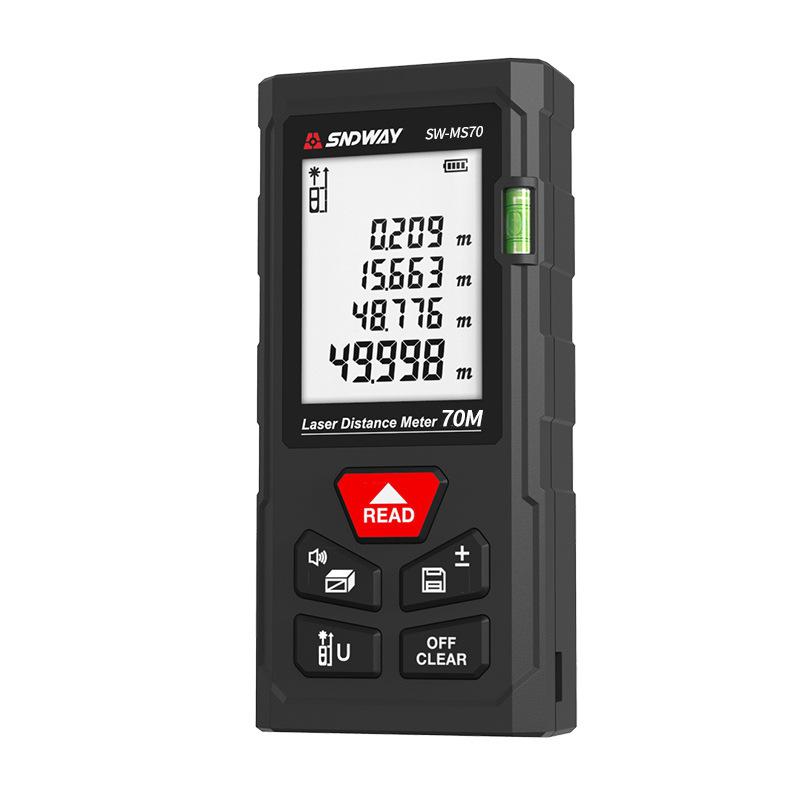 Máy đo khoảng cách bằng laser kỹ thuật số, Máy đo khoảng cách bằng laser với 1 cấp độ bong bóng và tắt tiếng, Tự hiệu chuẩn và đo liên tục, Màn hình LCD có đèn nền 4 dòng, IP54