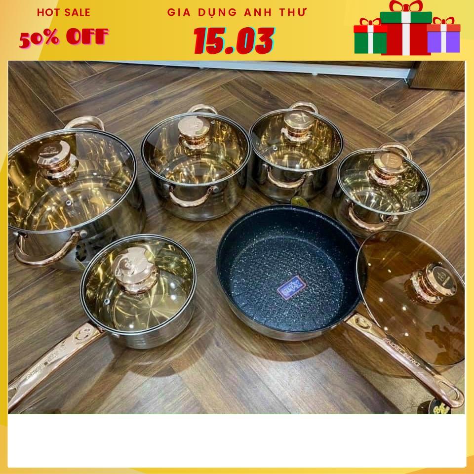 Set Bộ nồi Đức 5 đáy Yimeitai gồm 6 món lắp hợp kim vàng dùng cho mọi loại bếp điện, bếp từ, bếp ga