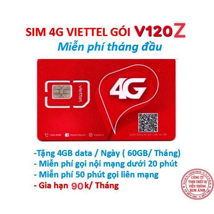 [Miễn Phí Tháng Đầu] Sim Viettel dùng mãi mãi gói V120Z có 4GB Ngày + miễn phí gọi nội mạng, Hàng chính hãng