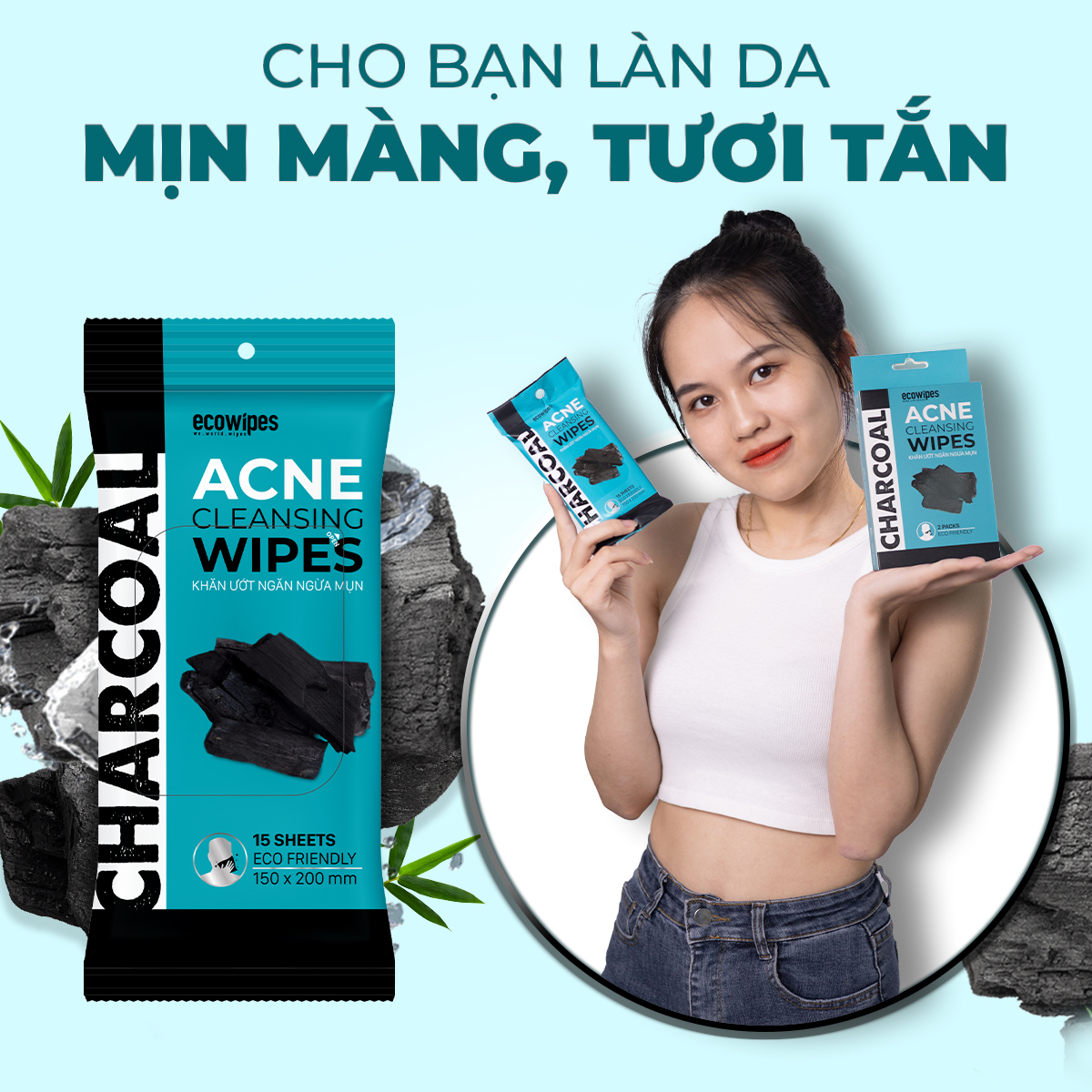 Hộp 02 gói khăn giấy ướt ngừa mụn than hoạt tính Charcoal Anti Acne Cleansing Wipes gói 15 tờ an toàn cho da