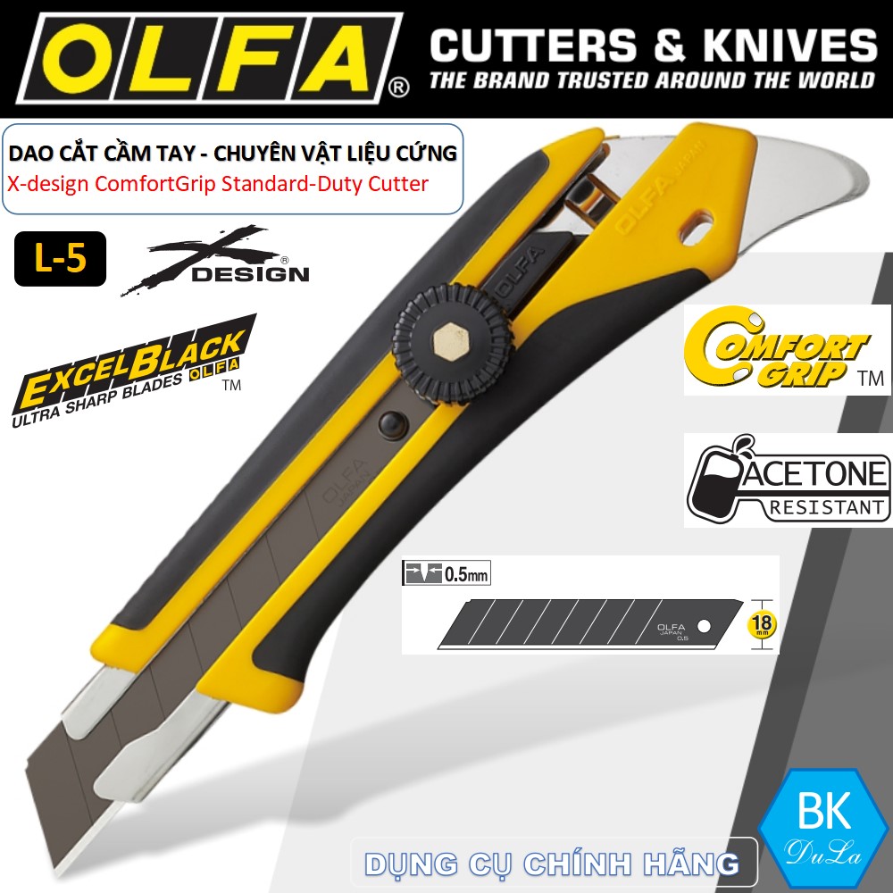 Dao cắt rọc kỹ thuật 18mm OLFA L-5 - Chuyên cắt vật liệu cứng- khóa bánh cóc