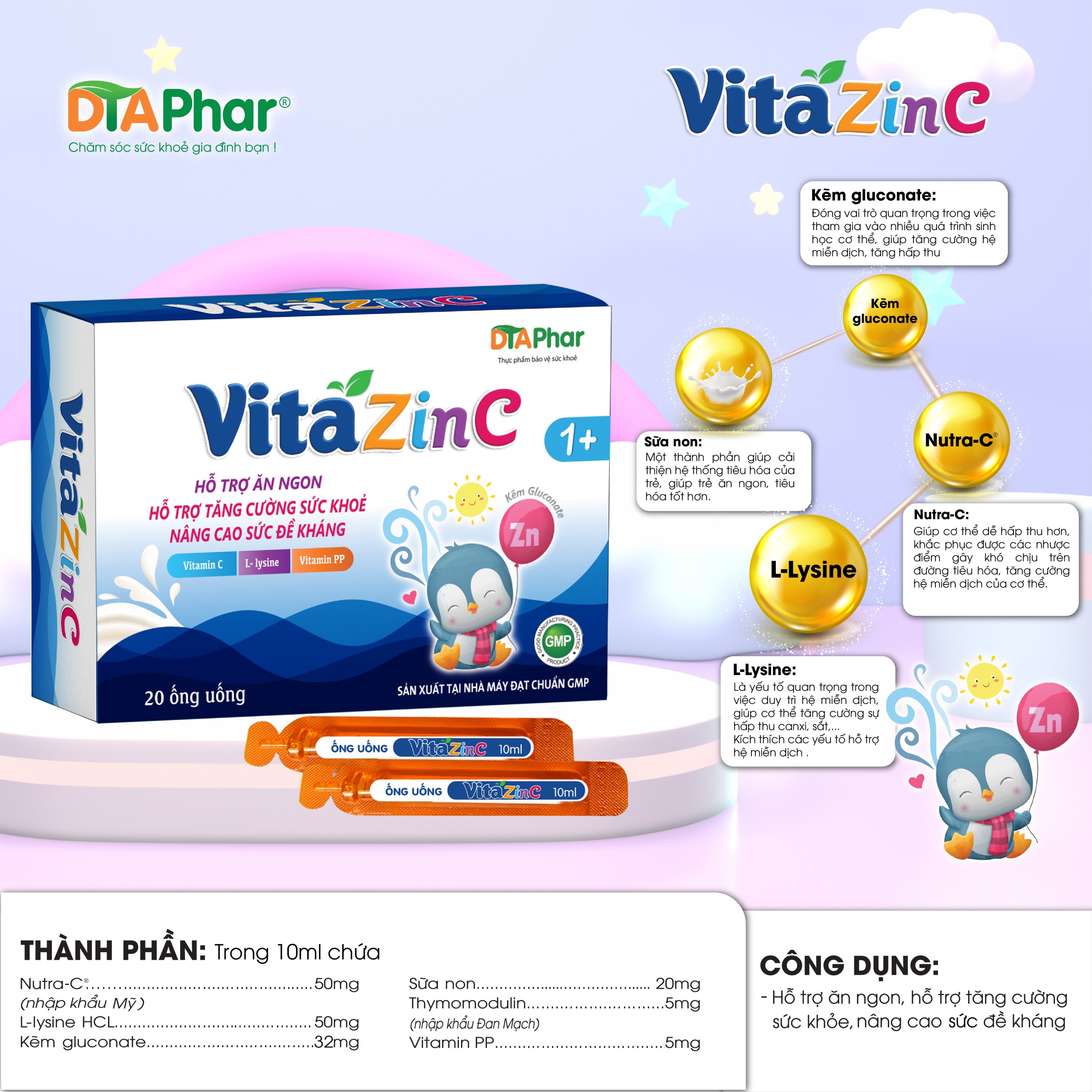 VITA ZINC HỖ TRỢ ĂN NGON TĂNG CƯỜNG SỨC KHỎE NÂNG CAO ĐỀ KHÁNG HỘP 20 ỐNG - TÂM AN PHARMA