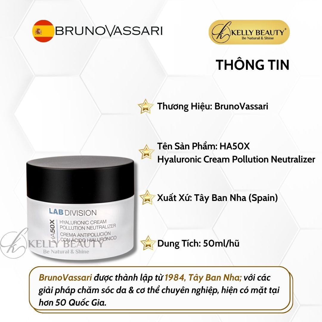 Kem Dưỡng Ẩm Bruno Vassari HA50X Hyaluronic Cream Pollution Neutralizer - Chống Ô Nhiễm, Căng Mịn Làn Da | Kelly Beauty