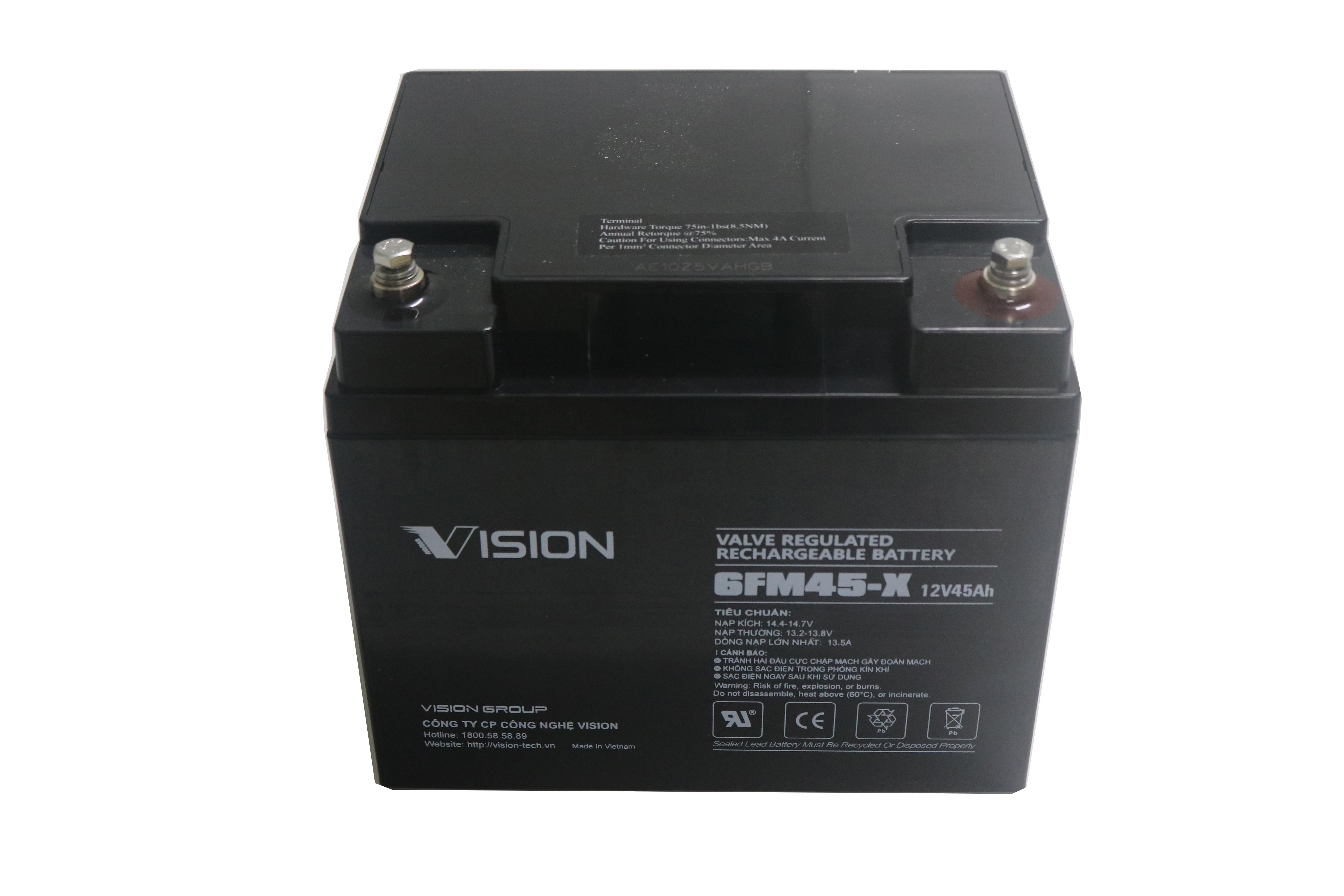 Acquy Khô Vision 12V 45Ah 6FM45-X cho lưu điện, UPS, Viễn thông, Thiết bị điện, Cửa cuốn, Thiết bị chiếu sáng.