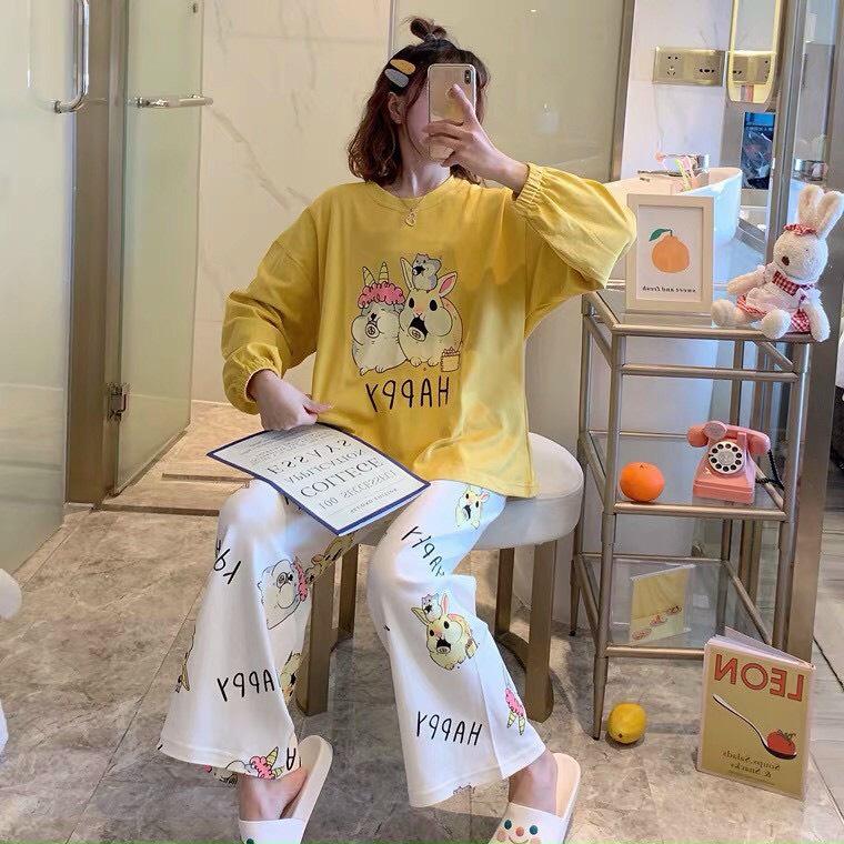 Đồ bộ nữ dài tay, Đồ bộ thu đông dài tay, Đồ bộ mặc ở nhà cho nữ, Đồ bộ ngủ thun dành cho nữ MÀU VÀNG HAPPY CỰC HOT