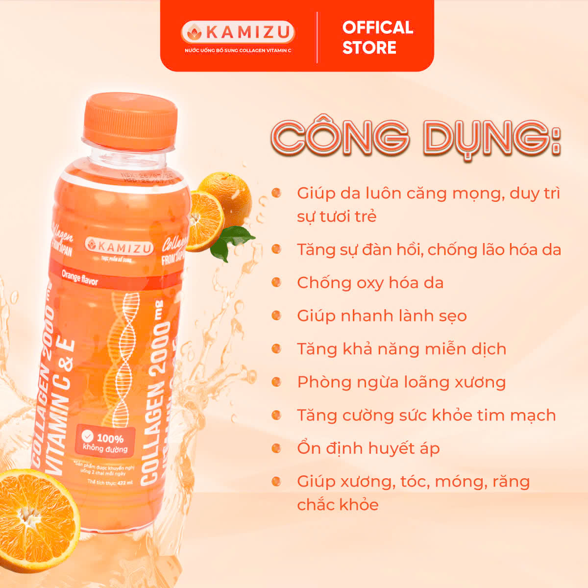 MUA 2 LỐC CAM TẶNG 1 LỐC DÂU THANH MÁT Kamizu Nước uống bổ sung Collagen Vitamin C &amp; E hương cam