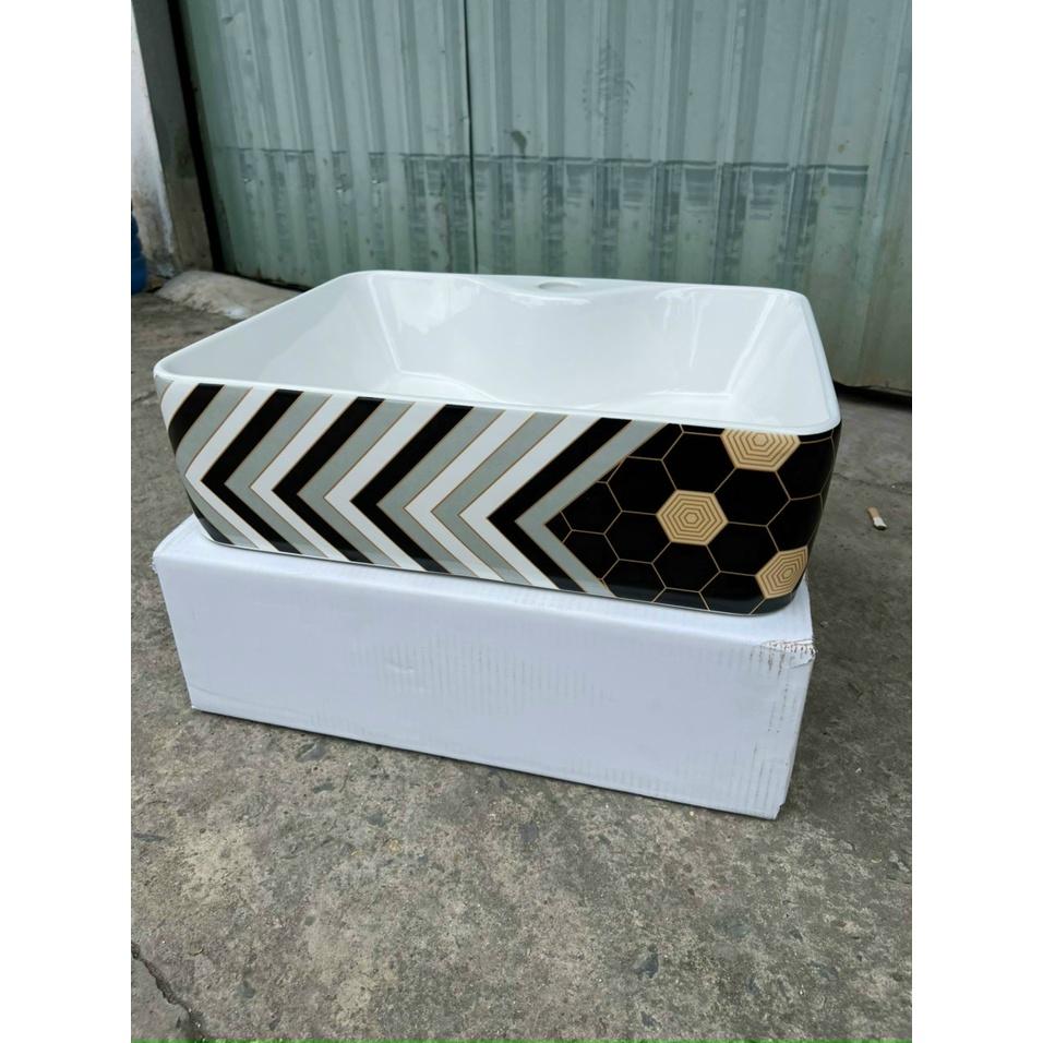 Chậu Lavabo Vuông Đặt Bàn Họa Tiết Hoa Văn Đen